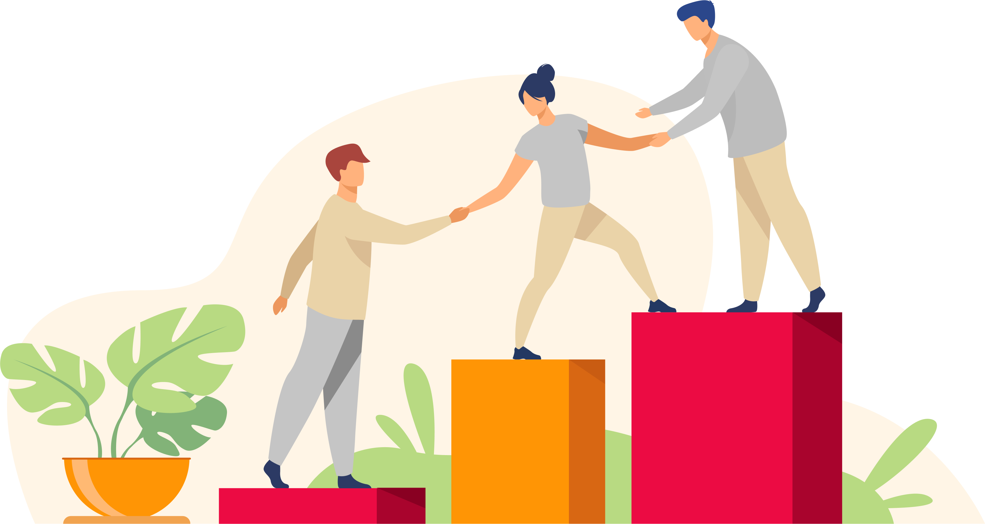 Trois personnes se tiennent debout sur des blocs colorés ascendants, s'aidant mutuellement à grimper plus haut, illustrant le pouvoir des engagements. Une plante en pot repose sur la gauche, tandis que l'arrière plan présente un beige doux avec des formes abstraites et de la verdure, créant un décor harmonieux inspiré de GEOFIT.