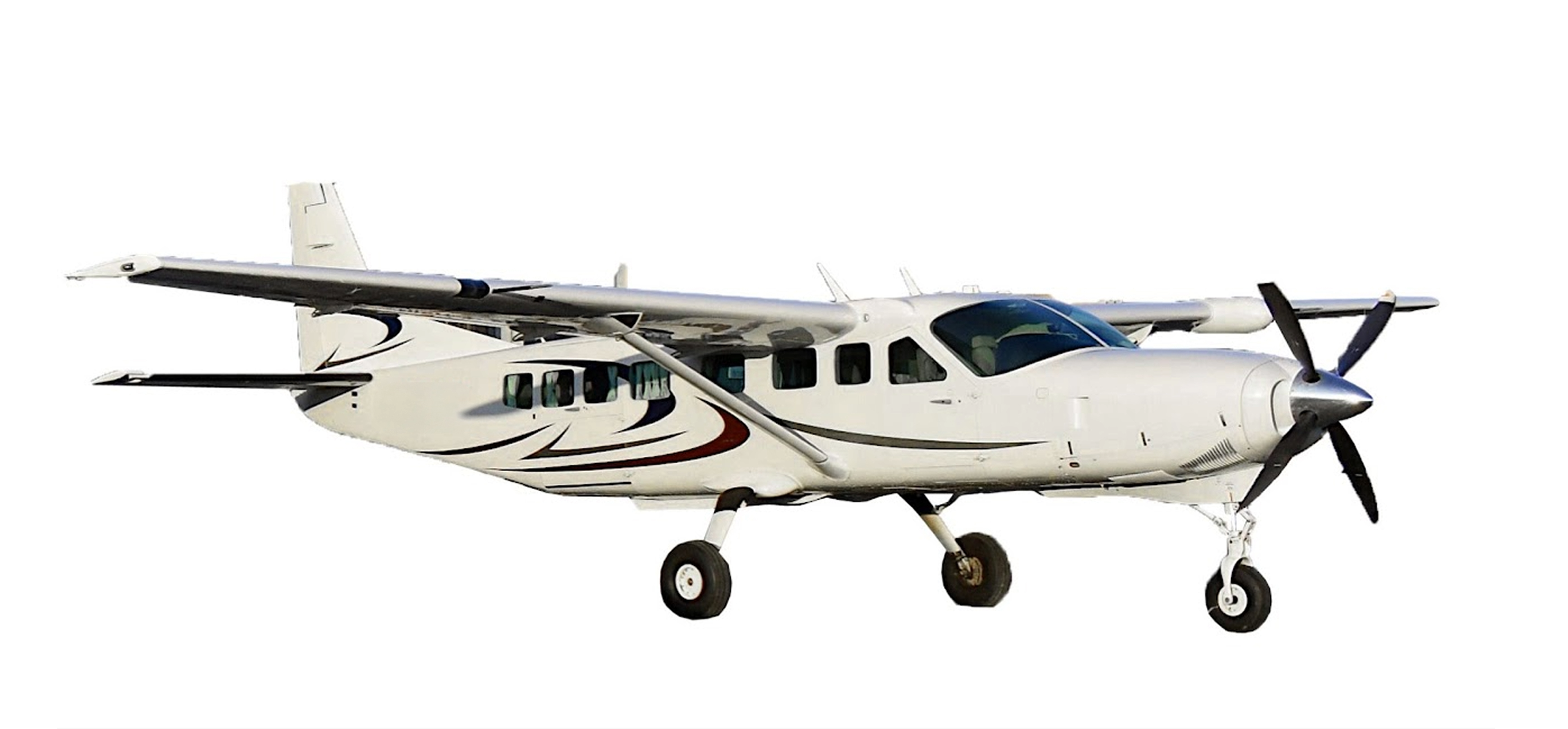 Cessna Caravan 208 (EX) Un petit avion à hélice blanc, avec des bandes noires et rouges sur son fuselage, conçu pour la surveillance d'ouvrage, est représenté sur un fond blanc uni. L'appareil est doté d'ailes hautes et d'un train d'atterrissage visible.