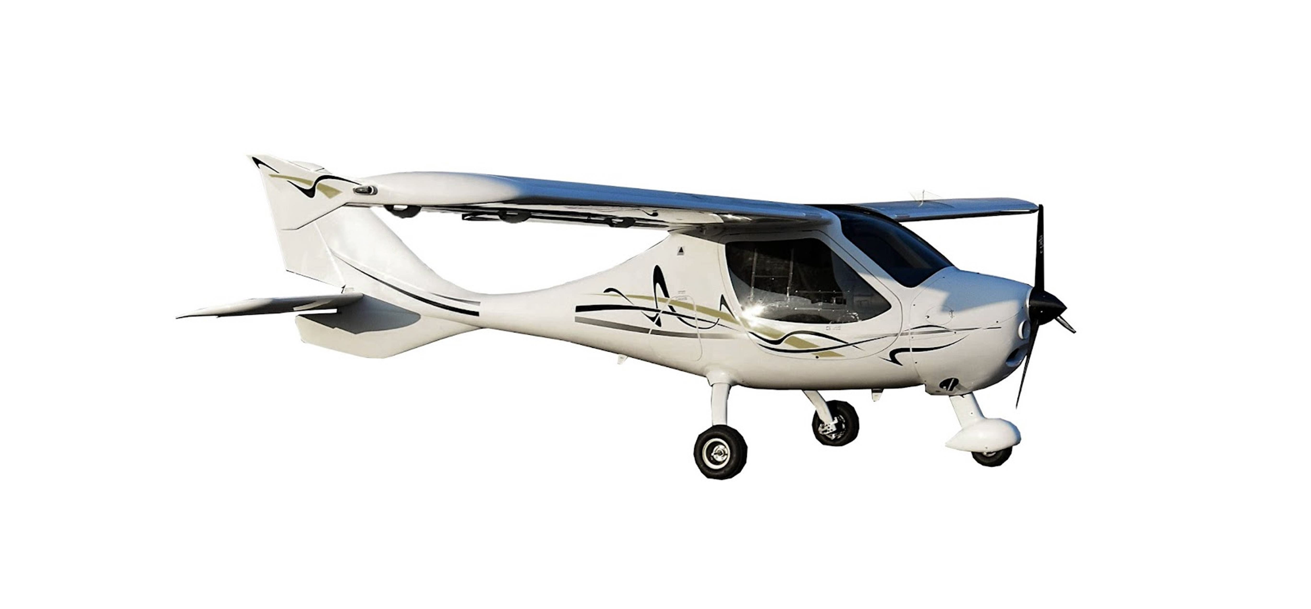 ULM Flight Design CTSL Un petit avion monomoteur blanc à hélice, doté d'une aile haute et d'un fuselage élancé, idéal pour la Surveillance d'ouvrage. L'appareil arbore une peinture moderne avec des motifs ondulés noirs et jaunes. Le train d'atterrissage est visible et l'hélice est immobile.