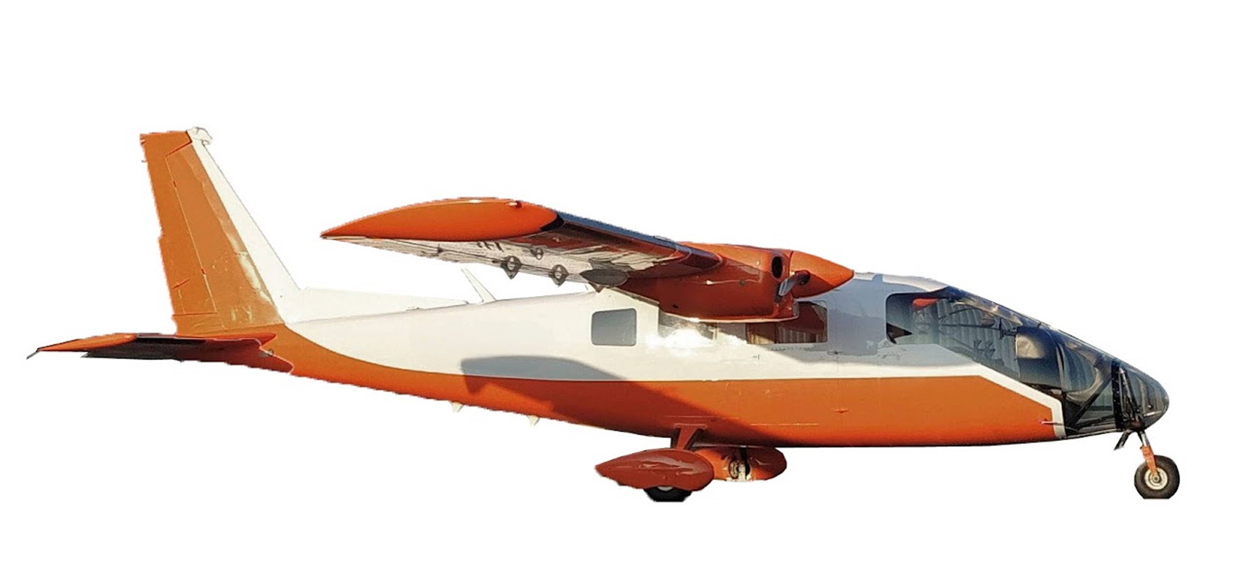 Partenavia P68 Observer Vue de profil d'un petit avion bimoteur à hélices, au fuselage orange et blanc, conçu pour la surveillance d'ouvrage. Il est doté d'un cockpit en forme de bulle et d'une aile haute avec train d'atterrissage visible. Le fond est blanc uni.